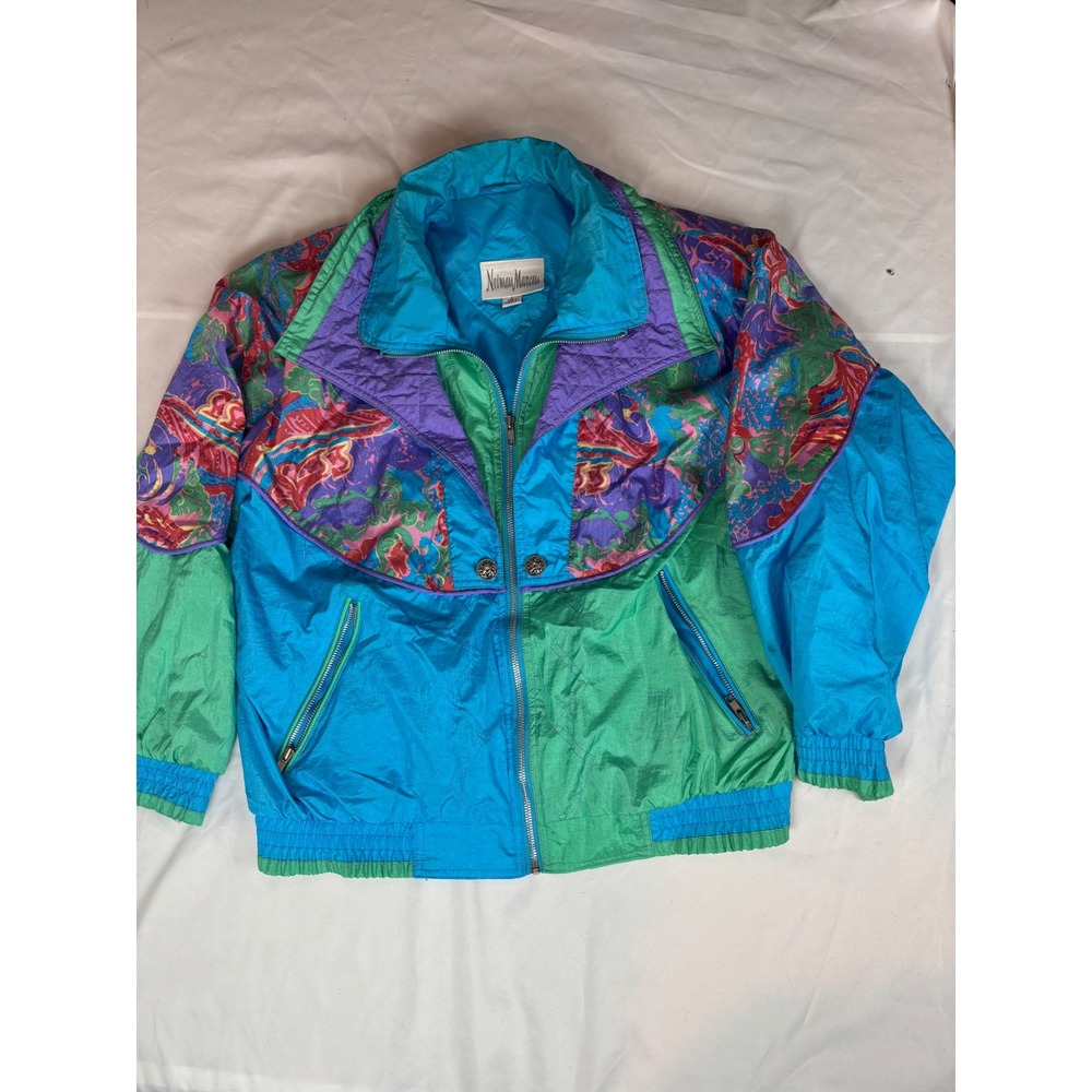 Vintage Neiman Marcus Windbreaker Jacket Paisley Colorblock Teal Purple Large
